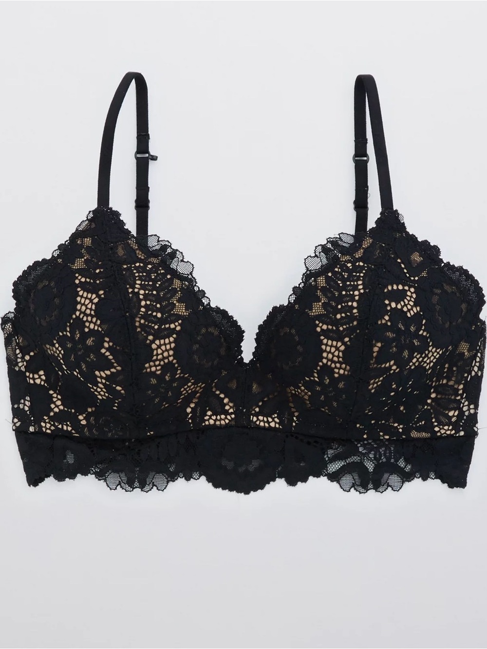 Aerie Real Happy Wireless Lightly Lined Bluegrass Lace Bra in Black Size 34B